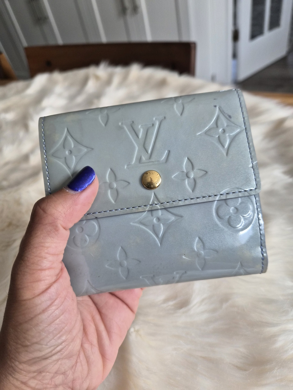 Louis Vuitton Pale Blue Vernis Monogram Compact Wallet with Gold Snap